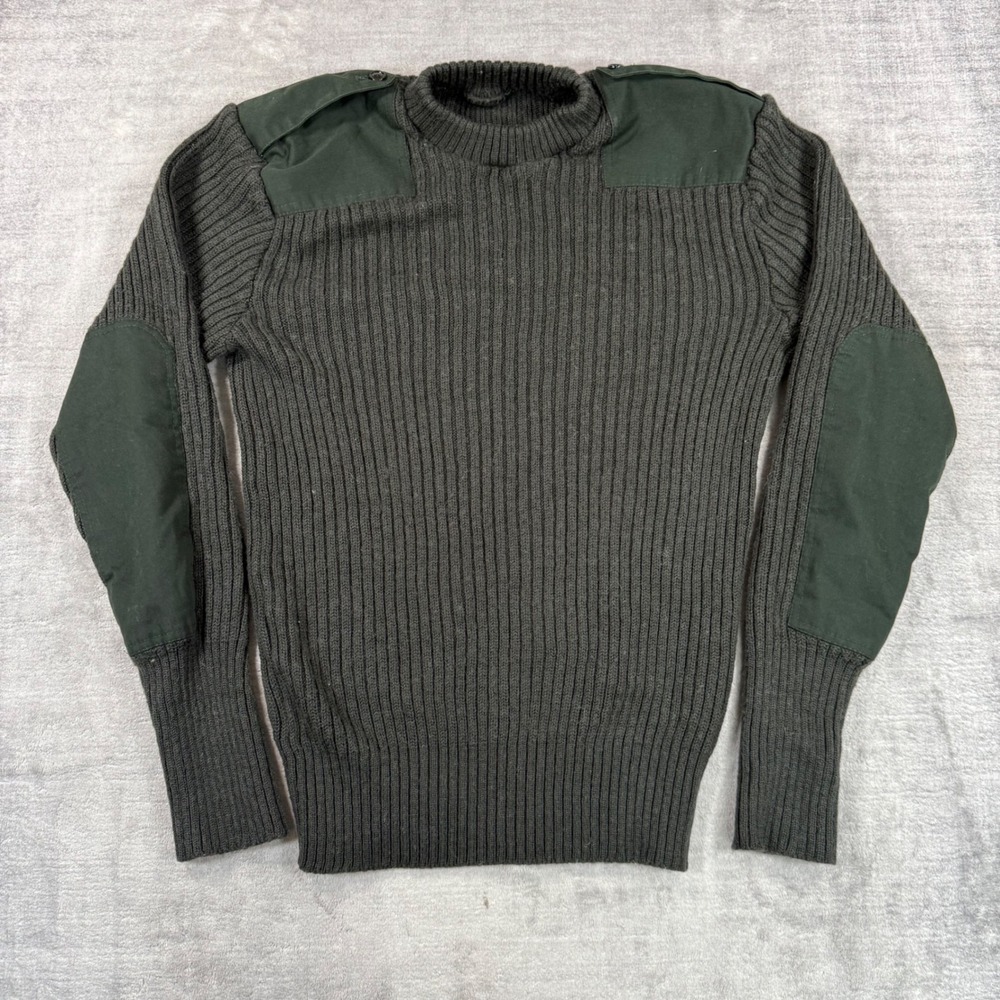 Military Commando Sweater Mens Large Green Ribbed Knit Wool Tactical Elbow Patch